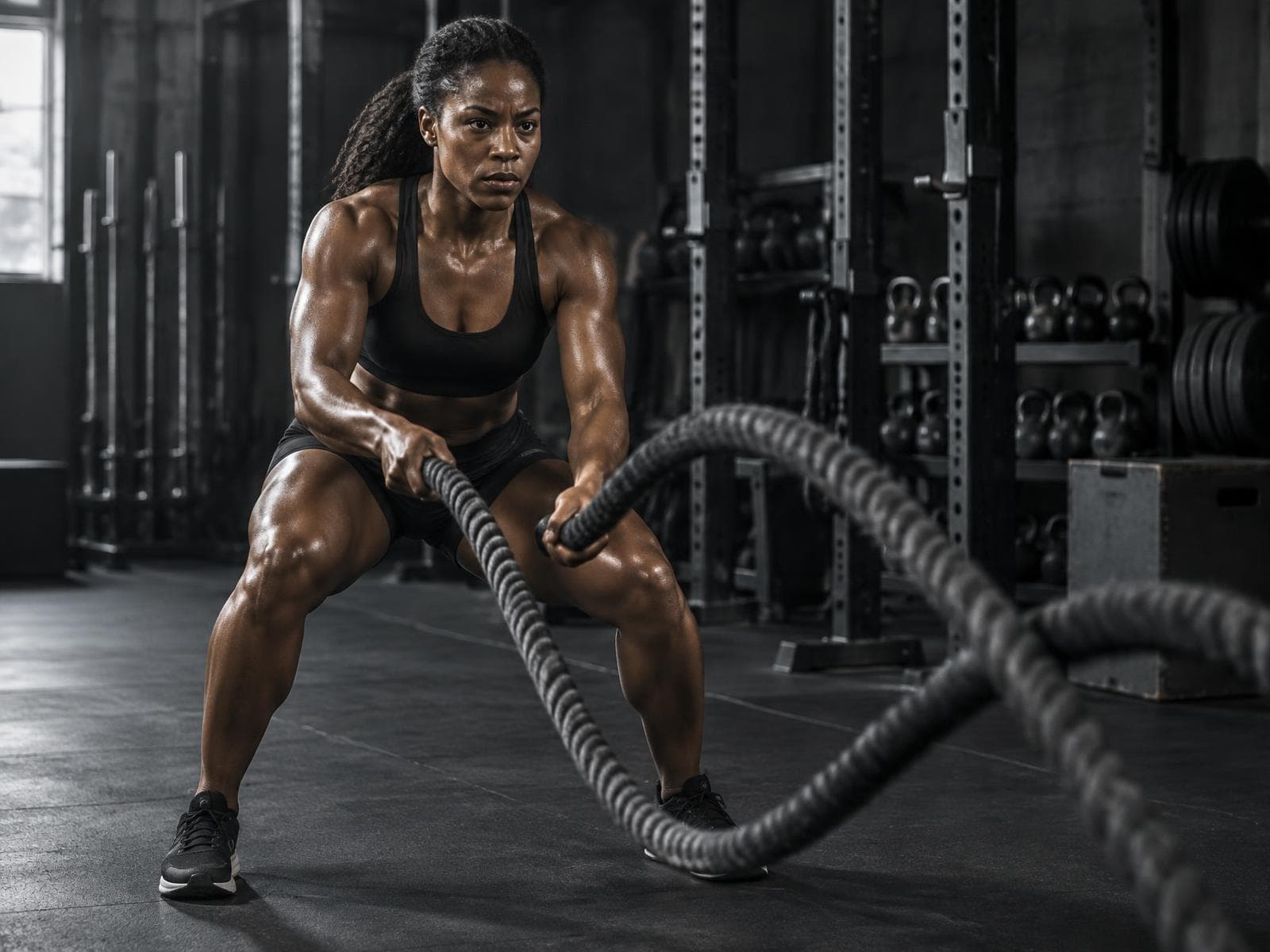 Athlete developing conditioning with battle ropes